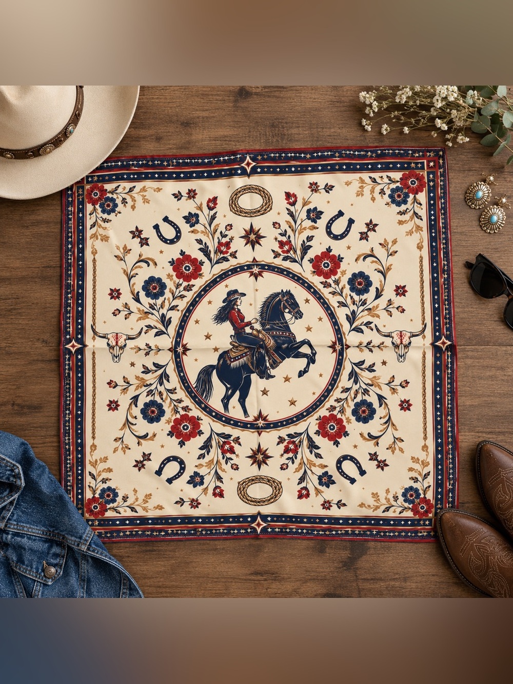 Western Horse Wild Rag Equestrian Floral Cowboy Cowgirl Bandana Red Navy 20”